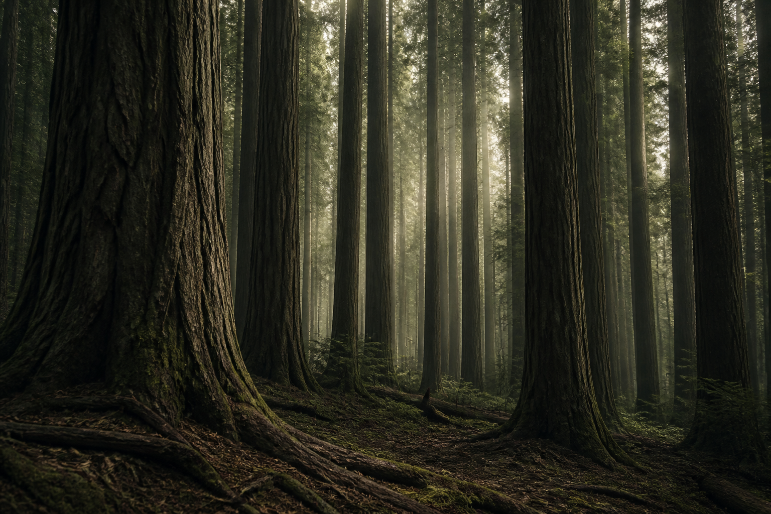 Tall forest trees with trunks and roots